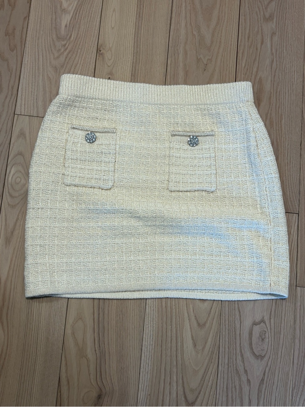 Aqua Cream Tweed Mini Skirt with Jewel Pocket Buttons